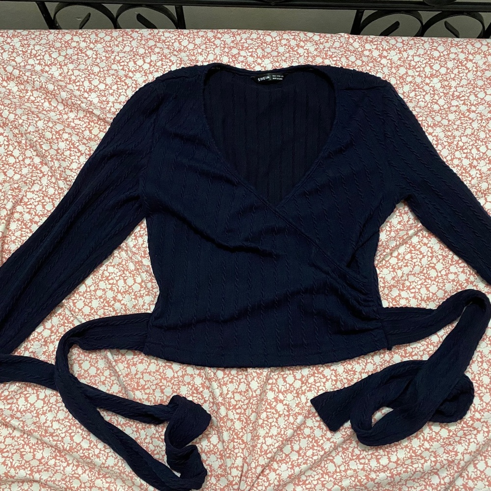 Low v black wrap long sleeve top